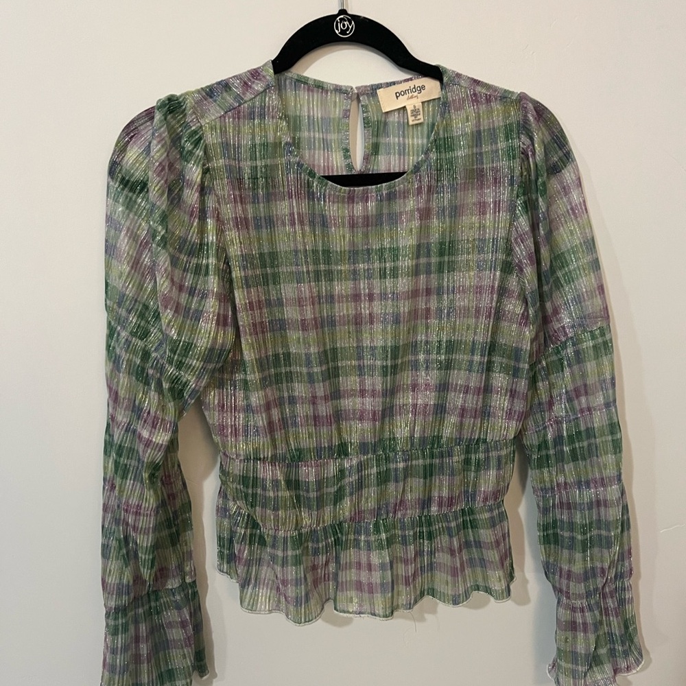 Anthropologie Women's Green and Purple Plaid Top
